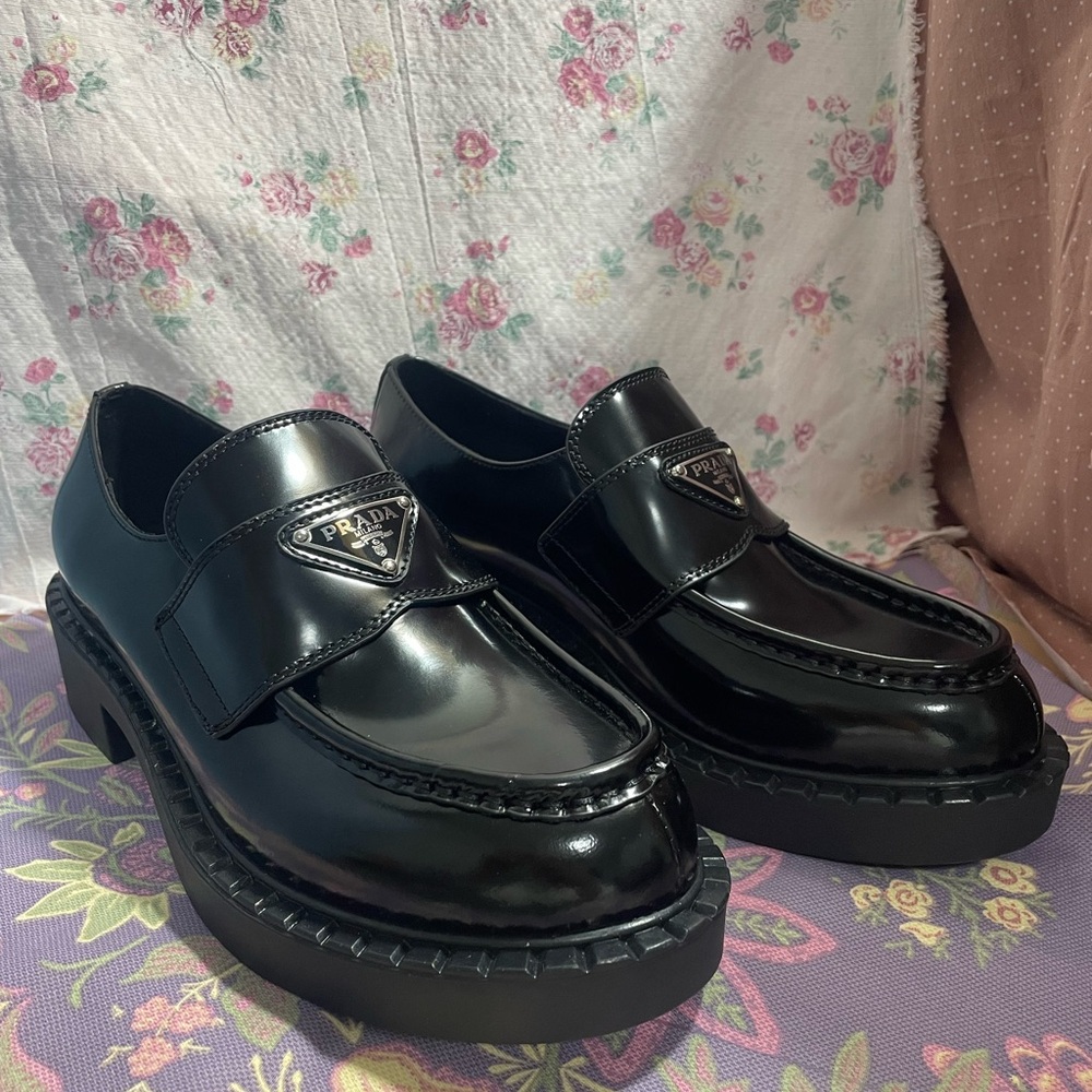 PRADA Triangle Logo Brushed Leather Platform Loafers
